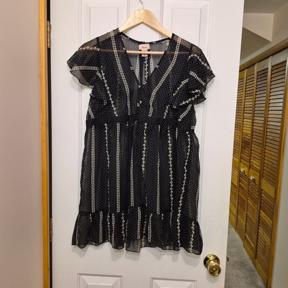 Gemini Black‎ White Polka Dot Flutter Sleeve Babydoll Blouse Top Plus Size 1XL